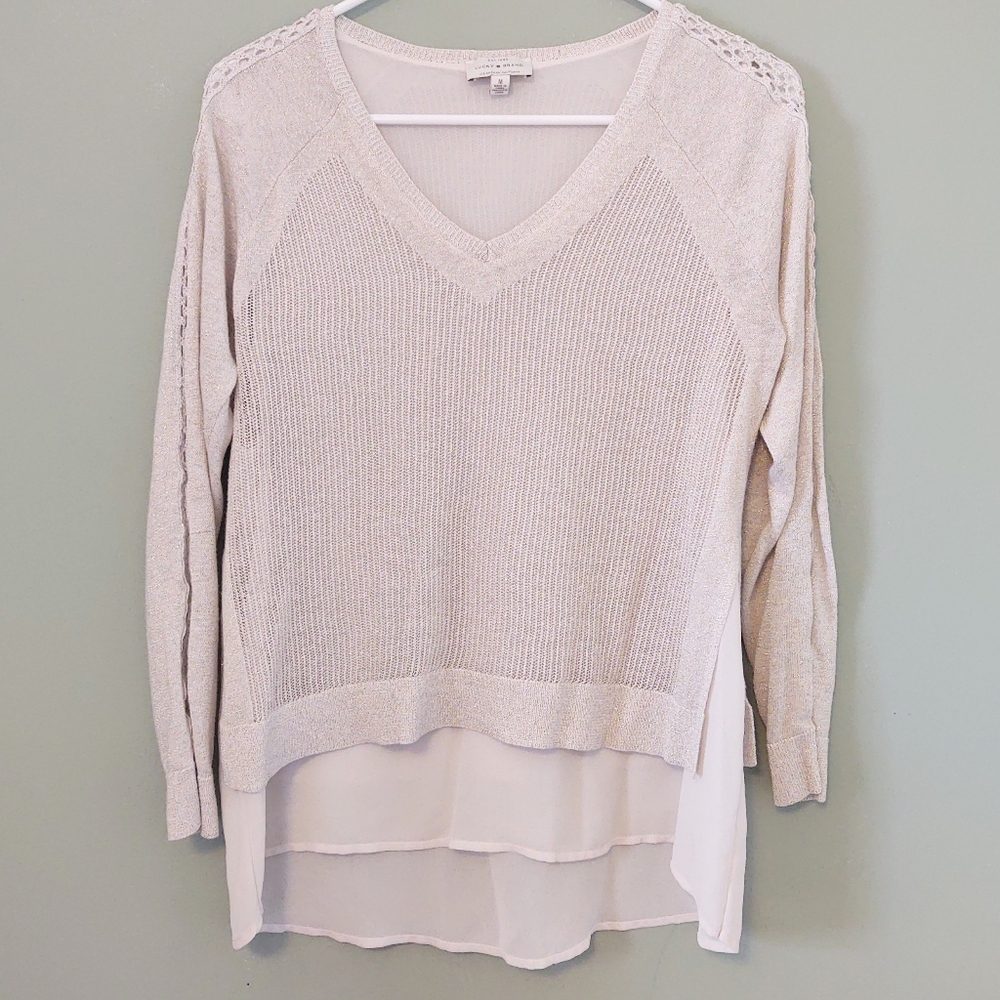 LUCKY BRAND Gold Metallic Linen Blend Eyelet Accent Layered Sweater Size Medium